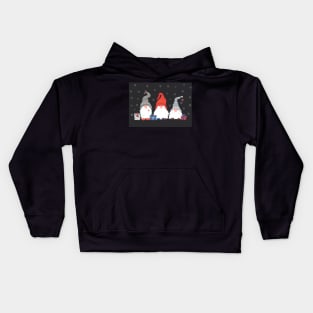 Three Christmas Gnomes with Snowflakes and Presents on Dark Grey Background Kids Hoodie